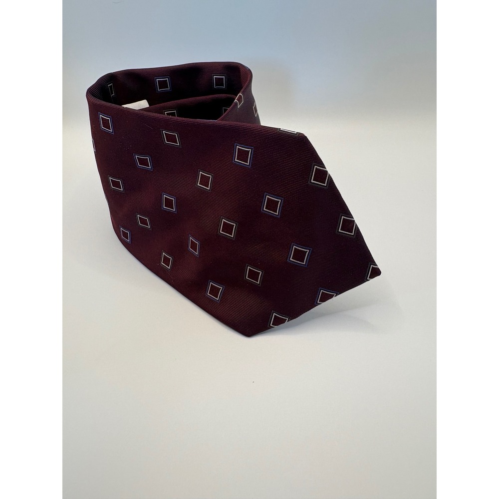 Calvin Klein Mens Burgundy Geometric Square Pattern Silk Blend Necktie